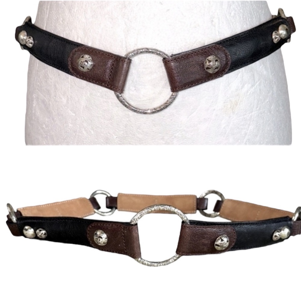 Brighton U Rock Black & Brown Leather Silver O-Ring Studded Harness Wide Belt  S